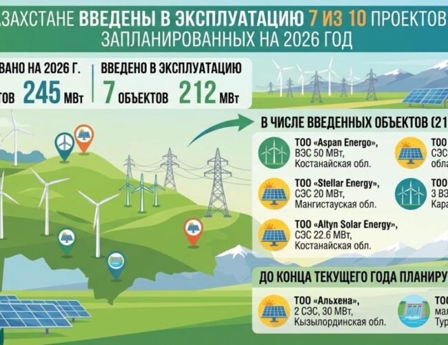 В Казахстане введены 7 из 10 проектов ВИЭ, запланированных на 2026 год